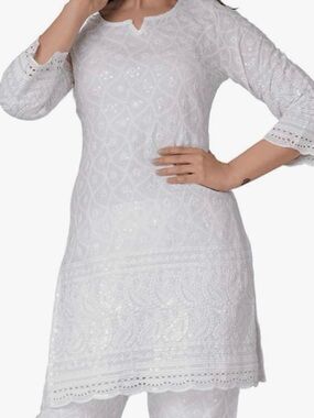 JG White Embroidered Cotton Tunic Top  Eyelet Sequins Kurta Large / XL / XXL